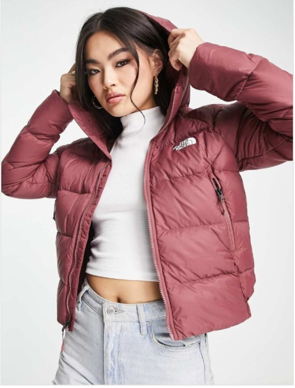 North Face Hyalite Down Hoodie M NWOT Wild Ginger Rose Mauve Pink Puffer Crop
